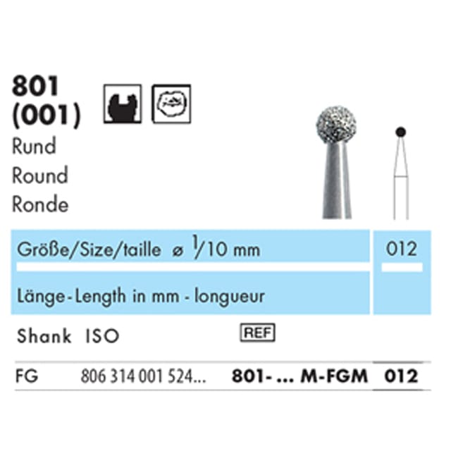 NTI Diamond Bur FG Short Shank Round 801 012 Medium - Pack 5