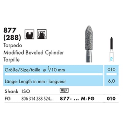 NTI Diamond Bur FG Torpedo Modified Beveled Cylinder 877 010 Medium - Pack 5