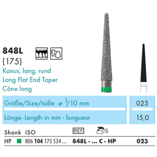 NTI Diamond Bur HP Flat End Taper Long 848L 023 Coarse - Pack 5