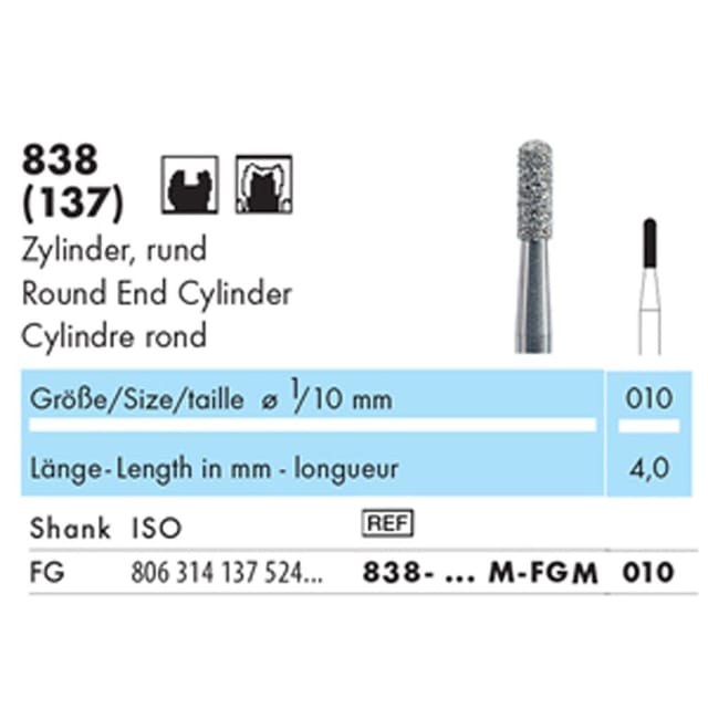 NTI Diamond Bur FG Round End Cylinder 838 - Pack 5