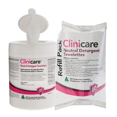 Clinicare Neutral Detergent Towelettes 220Wipe Tubs & Refills