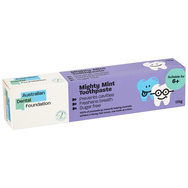 ADF Toothpaste 6+ years, Mighty Mint with Fluoride, 115g Tube - Box 12