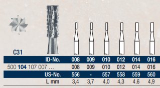 Carbide Bur HP Cylinder Flat End Fig 31, 107 016 (560) Cross Cut - Pack 6 *WSL