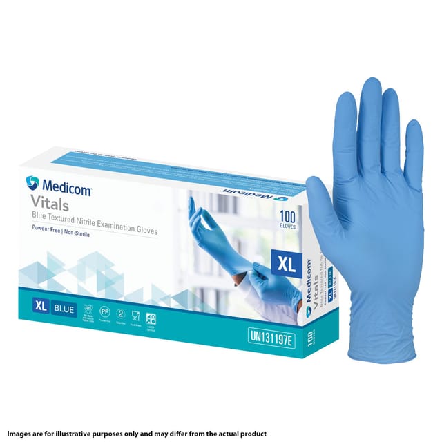 Vitals Nitrile Gloves Powder Free Standard Cuff Blue (Box of 100, Carton of 10)