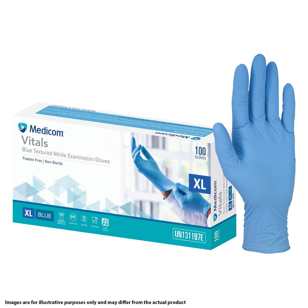 Vitals Nitrile Gloves Powder Free Standard Cuff Blue (Box of 100, Carton of 10)
