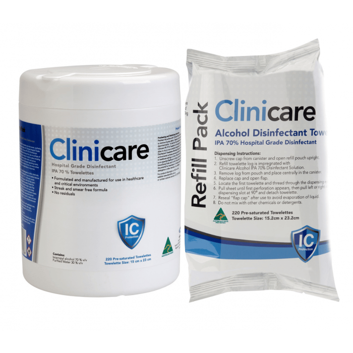 Clinicare Alcohol Towelettes Canister 220 Bacterial Wipes - Ctn 12