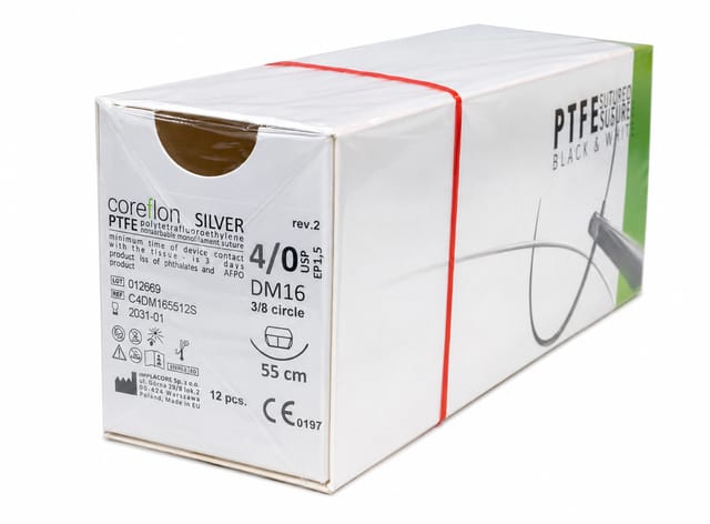 Suture PTFE 4/0 3/8 Rev  Cut 16mm DM Silver Needle - Box 12